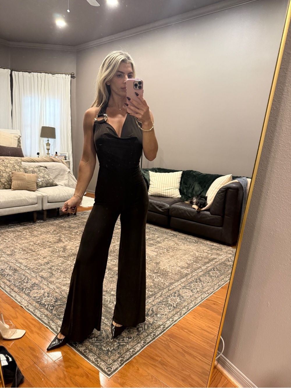 Windsor Brown Halter Wide-Leg Jumpsuit with Ring Detail